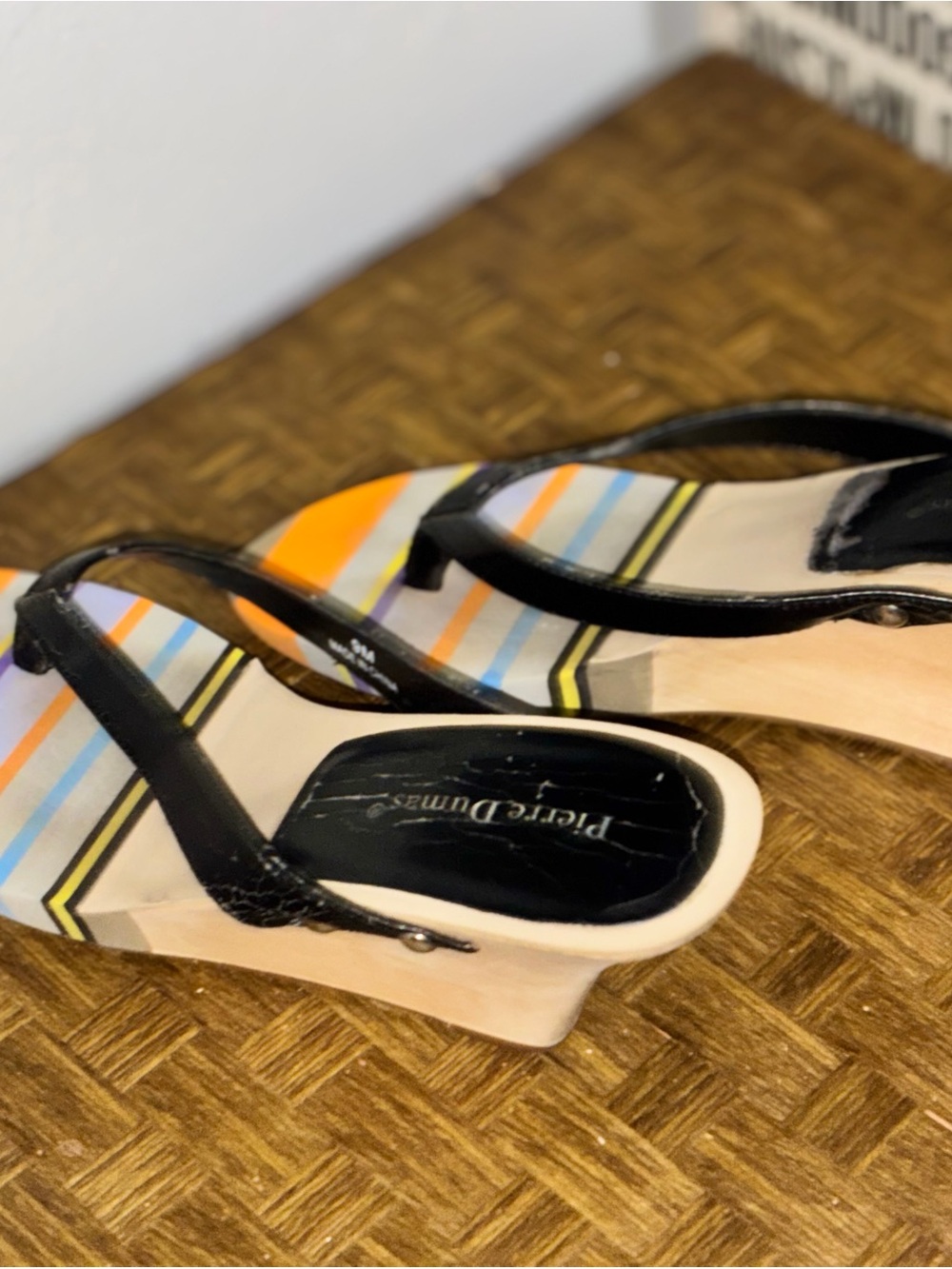 Pierre Dumas Black Wedge Sandals with Multicolor Striped Footbed vintage